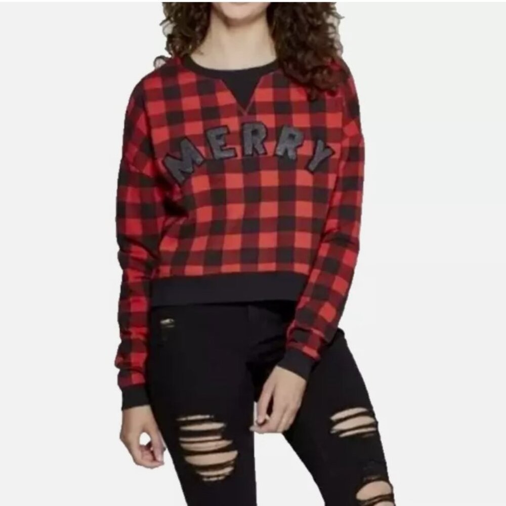 Fifth Sun Buffalo Plaid ‘MERRY’ Holiday Sweatshirt Red Black Cropped Top - SMALL